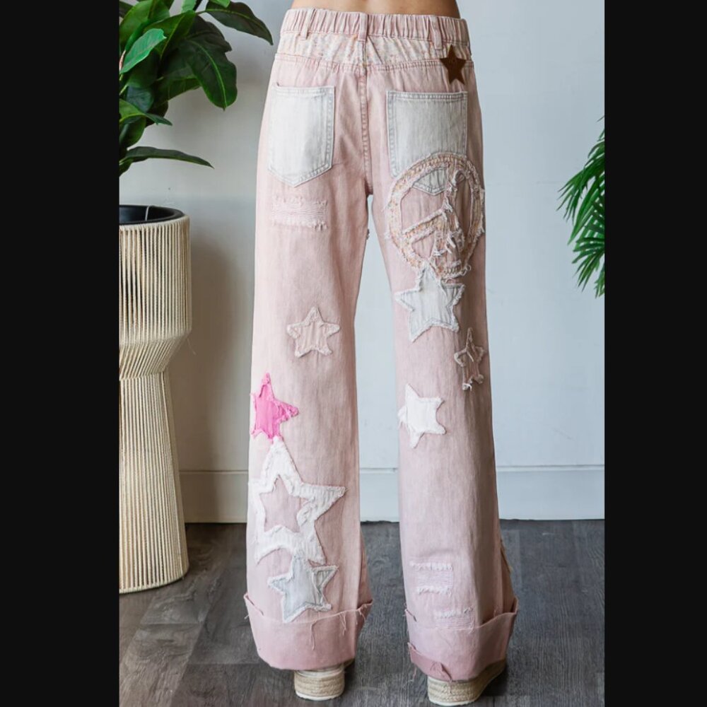 Oli & Hali Light Pink Wide Leg Jeans with Star Patches - Picture 5 of 6